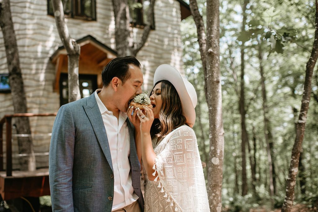 bride and groom eating