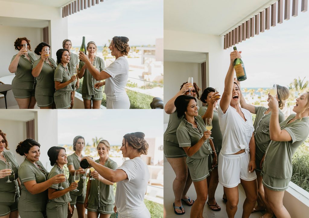 bridesmaids drinking champagne