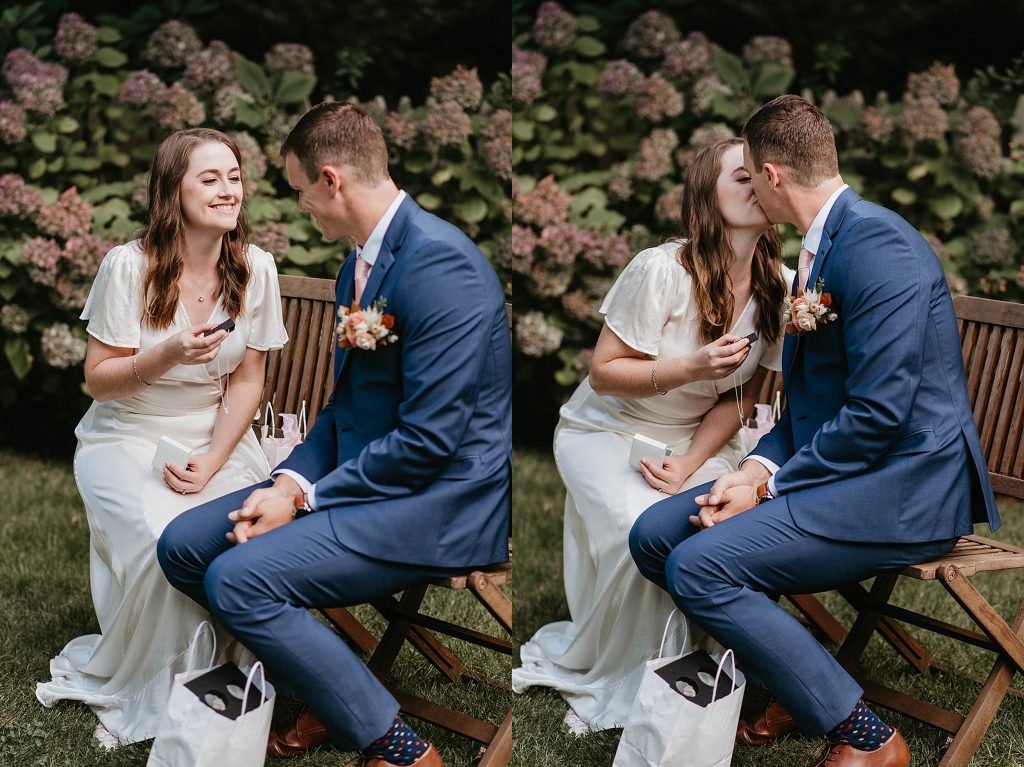 couple exchanging a gift on their wedding day